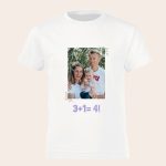 White childs t-shirt printed with a photo of a family and 3+1=4 for a pregnancy announcement