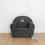 Cute black toddler chair with the name Mila and yellow stars printed on the backrest