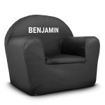 Black toddler chair with Benjamin printed on the back, customizable with your chosen name or text