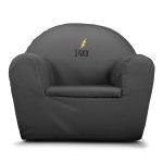 A gray personalized toddler chair with a yellow lightning bolt and the name Jaxx printed on it