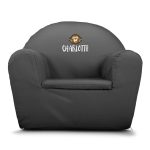 Charcoal grey toddler chair printed with a happy monkey face and the personalized name Charlotte