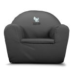 A dark grey toddler's chair with a cute bunny and the name Julian printed on the backrest