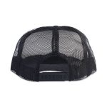 Rear view of a black custom trucker cap with an adjustable plastic snapback closure, ready to be printed with your design