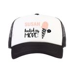 Black and white personalized trucker cap printed with "Susan Holiday Mode: ON!" and an ice cream cone design