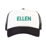 White and black trucker cap printed with the name ELLEN in green text. Customize this cool trucker cap printed with your design.