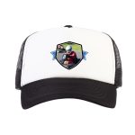White and black trucker cap printed with a photo of a go-kart racer in a shield design