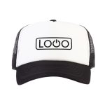 White and black trucker cap printed with a custom logo design