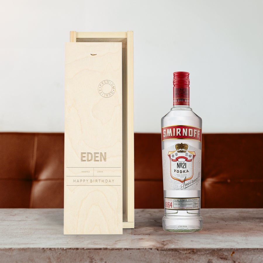 Smirnoff vodka in an engraved wooden case with the name Eden and Happy Birthday