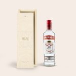 Smirnoff vodka in an engraved wooden case with the name Marc and the word Vodka