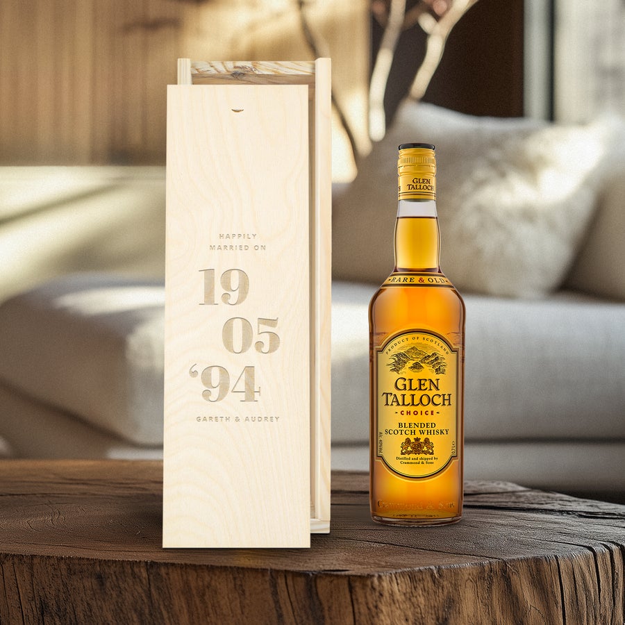 Glen Talloch whisky in an engraved wooden case with Happily Married On, 19 05 94, Gareth & Audrey