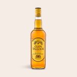 Bottle of Glen Talloch blended Scotch whisky with a yellow label, ready for an engraved wooden case.