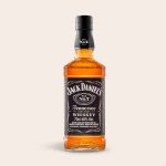Jack Daniels whiskey bottle with "Old No. 7 Brand" label, ready to be presented in an engraved wooden case.