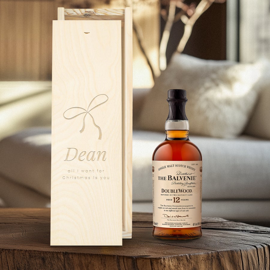 The Balvenie whisky in an engraved wooden case with a personalized message "Dean all I want for Christmas is you"