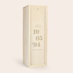 Engraved wooden case for The Balvenie whisky, personalized with names and a wedding date.