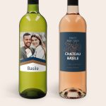 Belvy white and rosé wine bottles with custom printed labels. The white wine label features a photo of a couple and the name Basile.