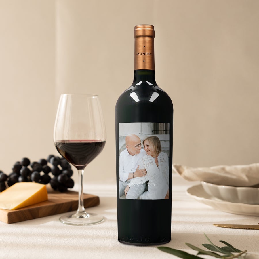A personalized bottle of Salentein Malbec with a custom photo and text label that reads I Love You