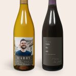 Two bottles of Salentein wine with personalized labels. One label features a photo of a man and text for Harry's birthday, the other has text about age for Harry 36 years.
