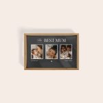 Personalised wooden serving tray - Beige - 33 x 20 cm, custom printed with three photos and the text The Best Mum, Lots of Love, David & Rosie