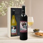 Wine gift set with two bottles of personalized wine with photo labels and a wooden box