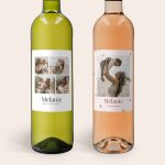 Two personalized Maison de la Surprise wine gift bottles, one white and one rosé, with custom photo labels for Melanie.