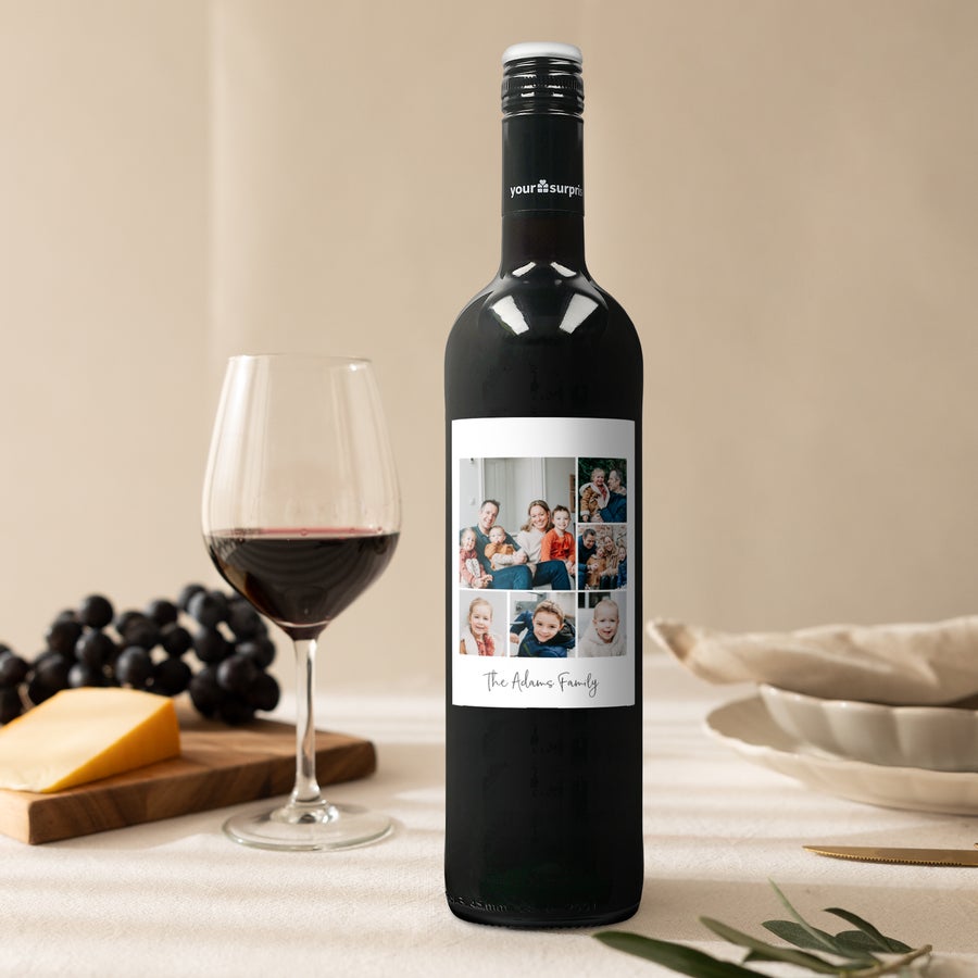 A Maison de la Surprise Cabernet Sauvignon with a personalised label showing a photo collage and the text "The Adams Family"