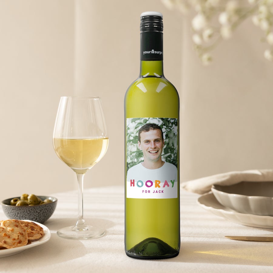 Maison de la Surprise Sauvignon Blanc with a personalised label printed with a photo and "Hooray for Jack" text