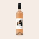 Rose wine bottle with a personalized photo label of Matthew & Emily and the date 12.02.2022.
