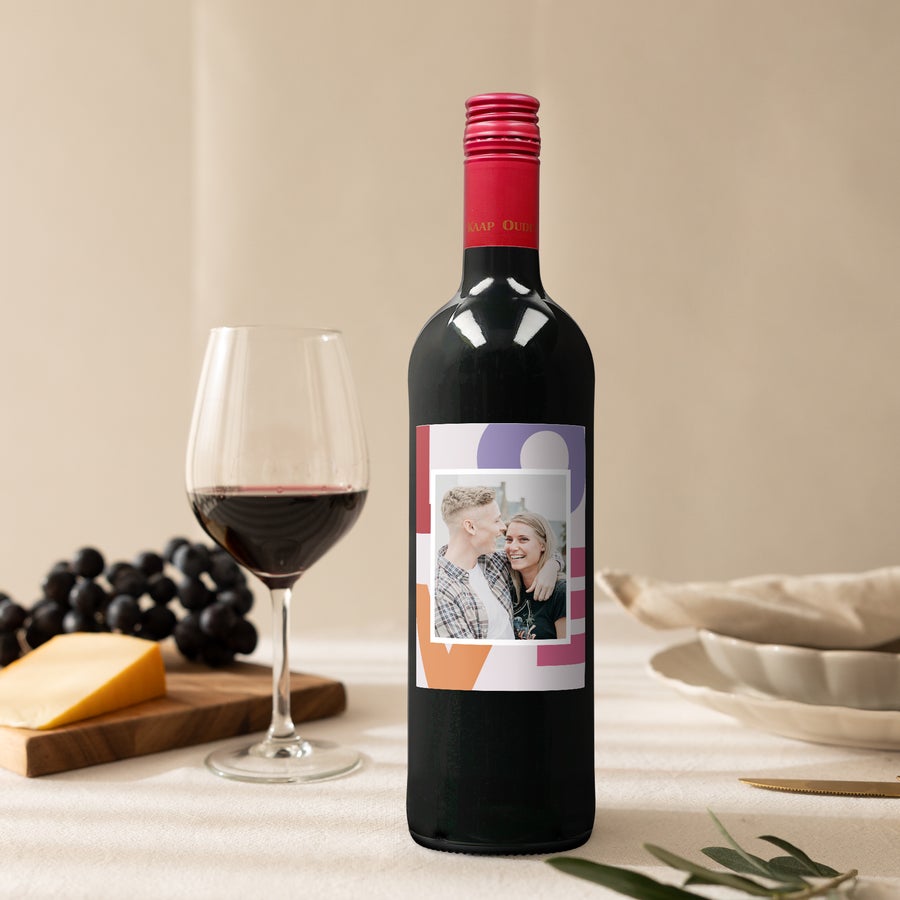 Oude Kaap red wine with a custom made label printed with a photo of a couple