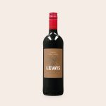 Bottle of Oude Kaap red wine with a customized brown label, printed with "Lewis" and a grape cluster design.