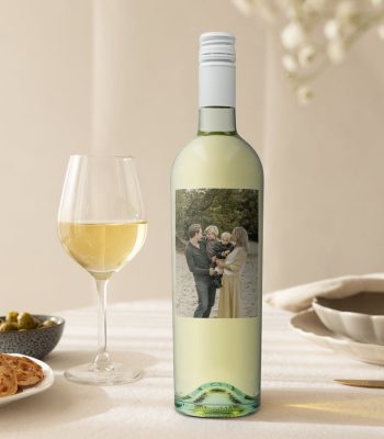 Riondo Pinot Grigio wine bottle with a personalized photo label showing a family of four.