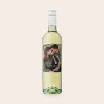 A bottle of Riondo Pinot Grigio wine with a personalised label showing a couple and text Cheers to Nick & Marie 12-09-2023