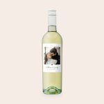 A bottle of Riondo Pinot Grigio wine with a personalised label showing a couple and text Matthew and Emily 12.02.2022.