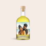 Bottle of limoncello with a personalized photo label showing a smiling couple, a delicious bottle of limoncello