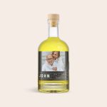 Limoncello bottle with a custom label printed with a photo of a couple, name John, 1994, London, and Cheers to you text.