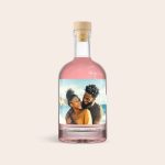 Bottle of pink gin with a custom photo label featuring a smiling couple for a unique gift
