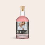 Personalized bottle of pink gin with a custom photo and text label. The label features a couple, "JOHN", "1994", "London", and "Cheers to you".