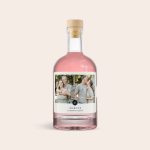 Personalised pink gin bottle with custom photo label for Marcus London Blend