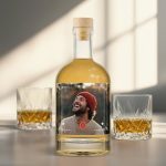 Personalized whisky bottle with a photo of a laughing man and age 35 on a custom printed label